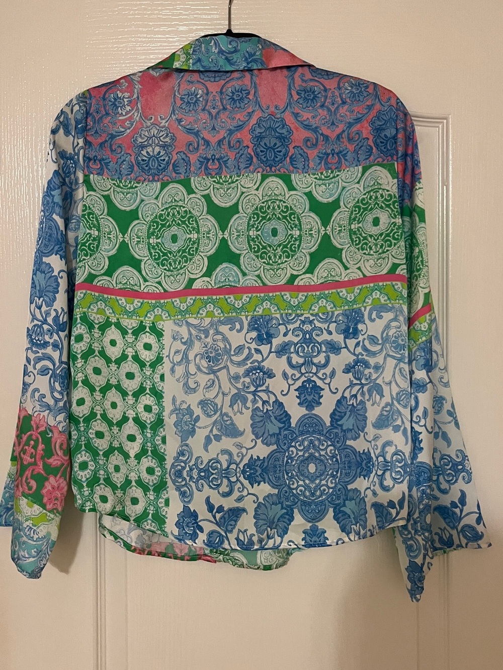 Zara Multicolor Patchwork Print Button-Up Top — Blue, Green & Pink